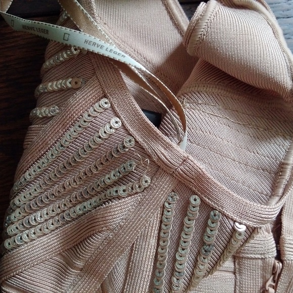 NWT Herve Leger Christy Leather Sequin Sunburst Beaded Rose blush Dress S - Picture 5 of 7